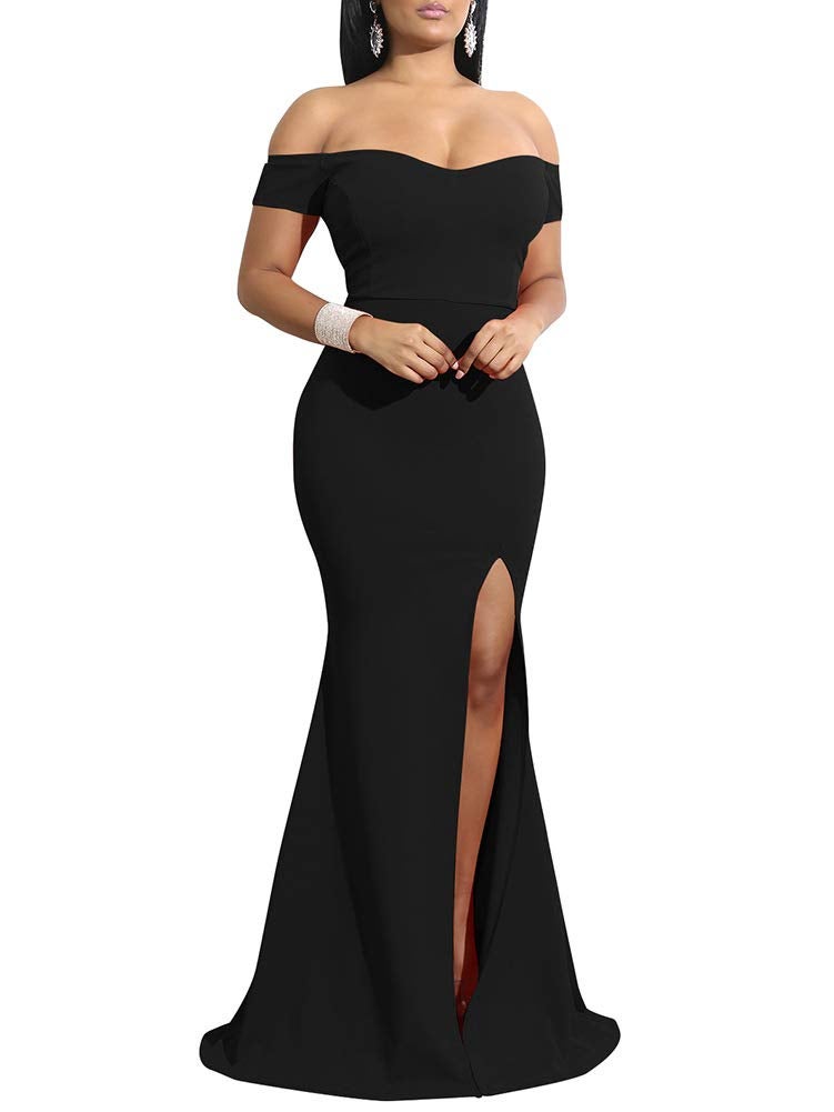 YMDUCH Women's Off Shoulder High Split Long Formal Party Dress Evening Gown Black - Image 1